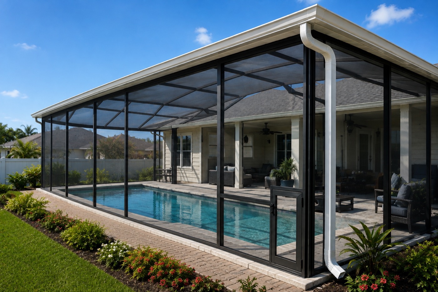 Screened pool enclosure with seamless super gutter and downspout