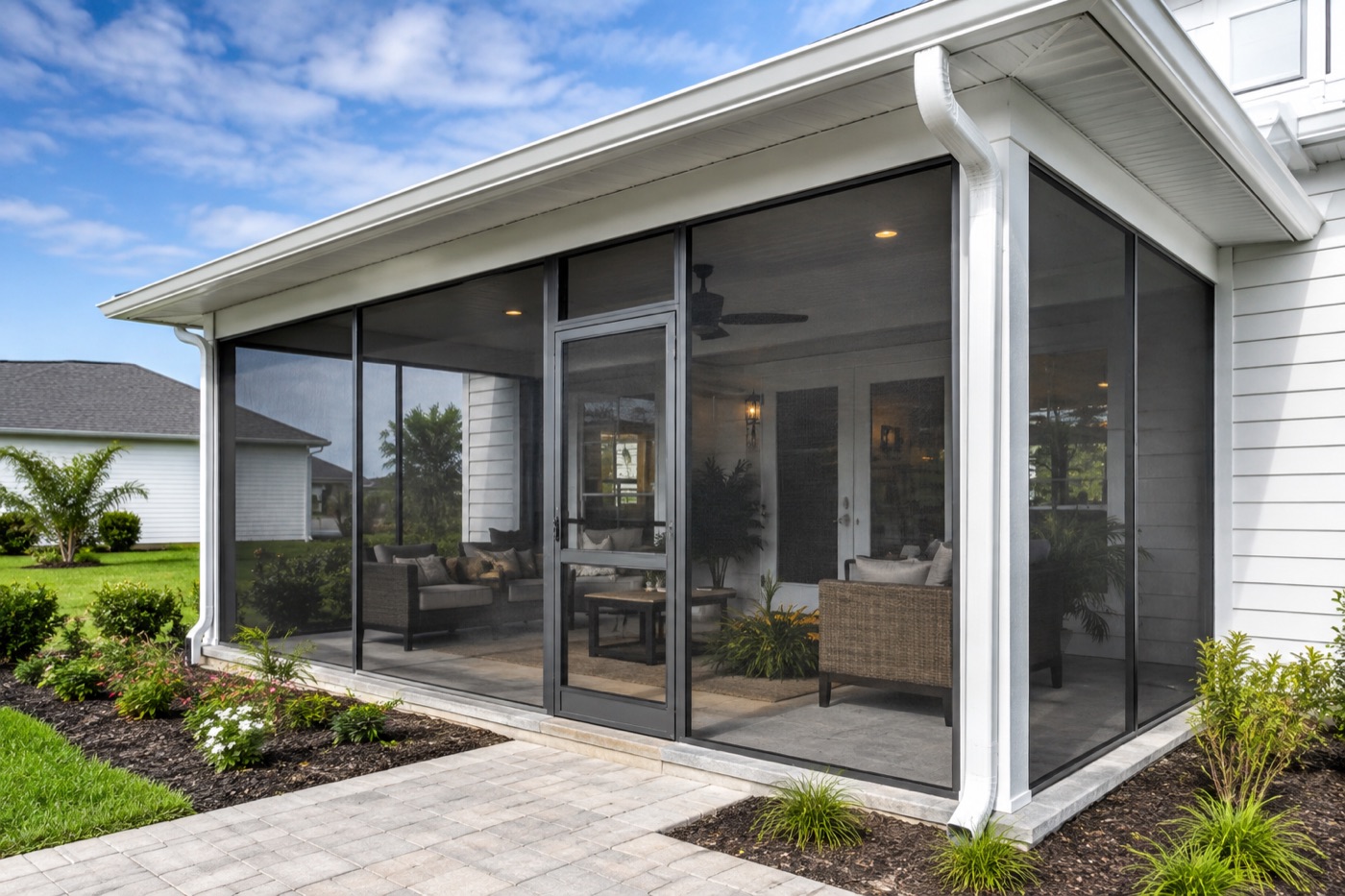 Screened porch enclosure with seamless gutter and downspout